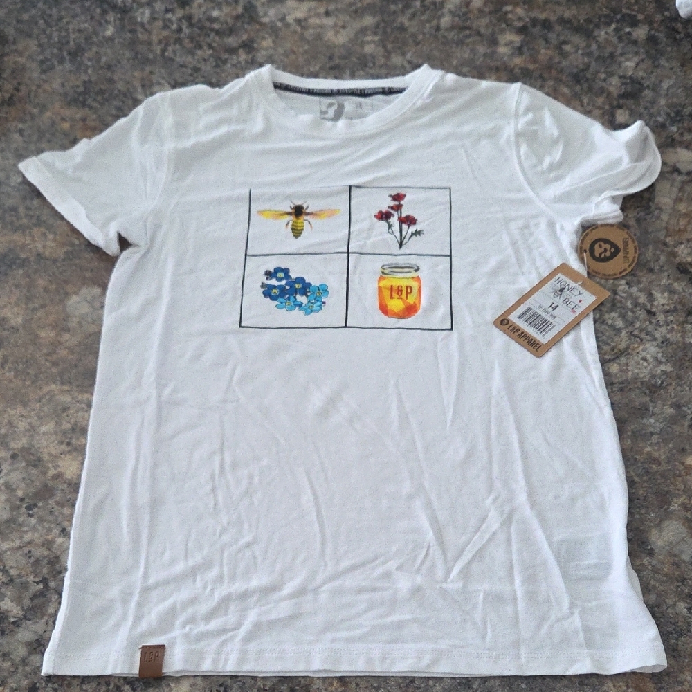 Size 14 Large L&P Apparel NEW Girl's Nature Graphic Honey Flowers White T-Shirt